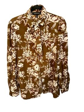 Parisian Works Olive and Cream Floral Button-Down Tie-Neck Blouse